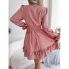 Abiti Donna Primavera Estate Sexy con Fiocco a Svasatura Manica Lunga Linea ad A Colore Unico Scollo a V Mini Abito Arricciato