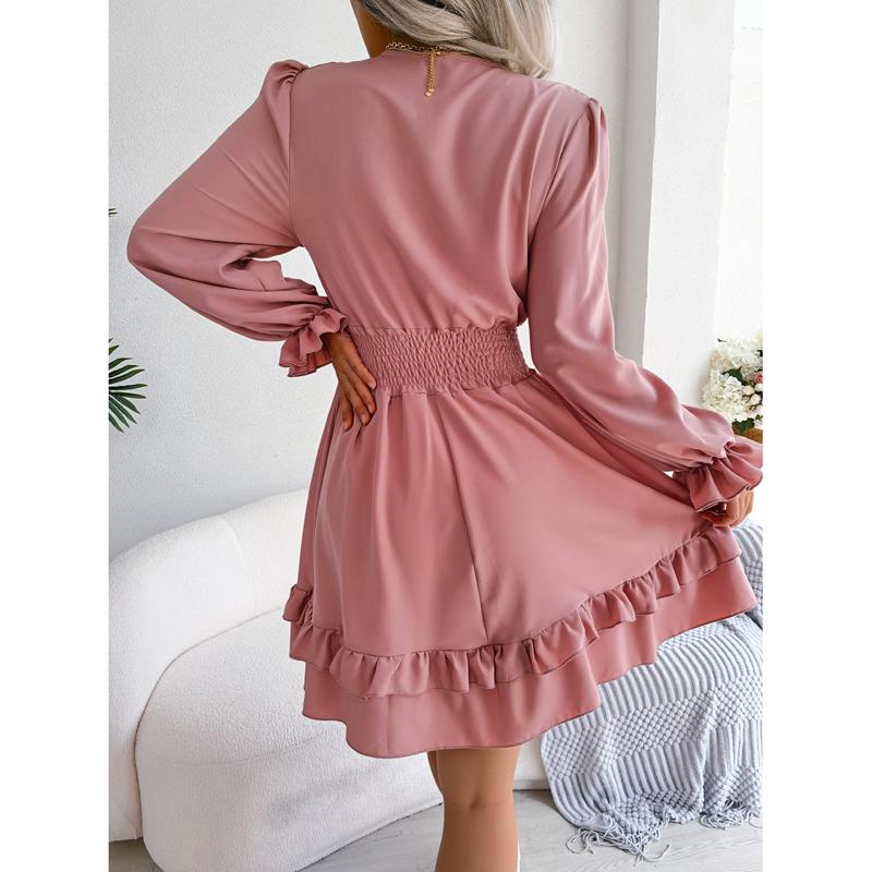 Abiti Donna Primavera Estate Sexy con Fiocco a Svasatura Manica Lunga Linea ad A Colore Unico Scollo a V Mini Abito Arricciato
