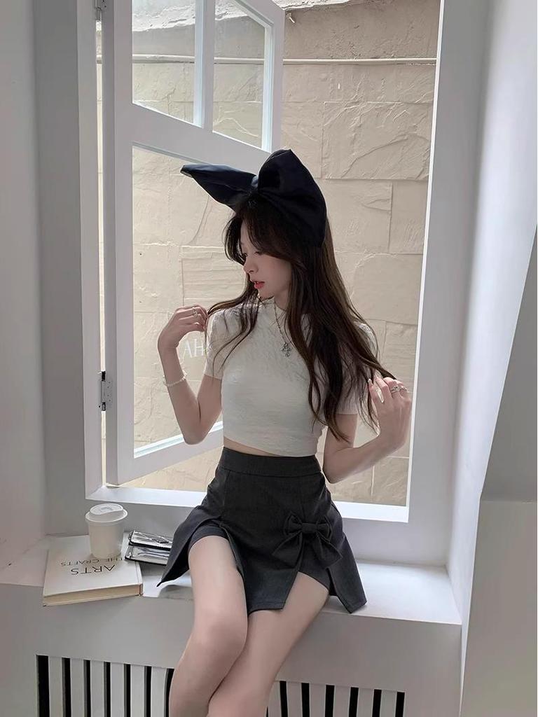 2024 Summer Women's Gray A-Line Bow Slit Bodycon Skirt-Shorts