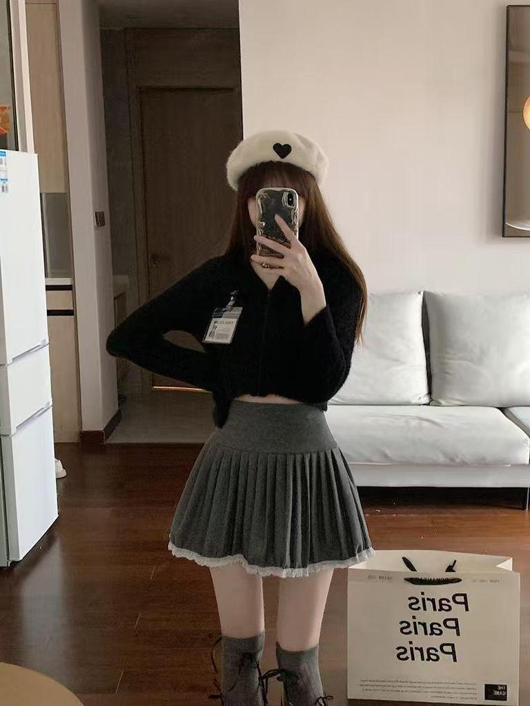 Szara Wełniana Plisowana Spódnica Midi, Wysoki Stan Wyszczuplająca Francuska Linia A dla Kobiet - Wiosna, Jesień, Zima