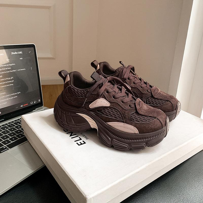 Grape Mother Autumn and Winter New Sports Style Color Matching Lace-up Heightening Thick-soled Suede Dad Shoes Women's Autumn and Winter