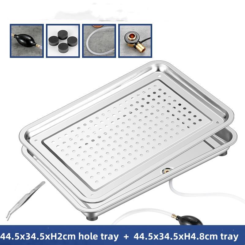 Stainless Steel Rectangle Dinner Tea Tray Double 2 Layer Dumpling Oil Leaking Hole Basin Steaming Draining Hole Plate with Basin