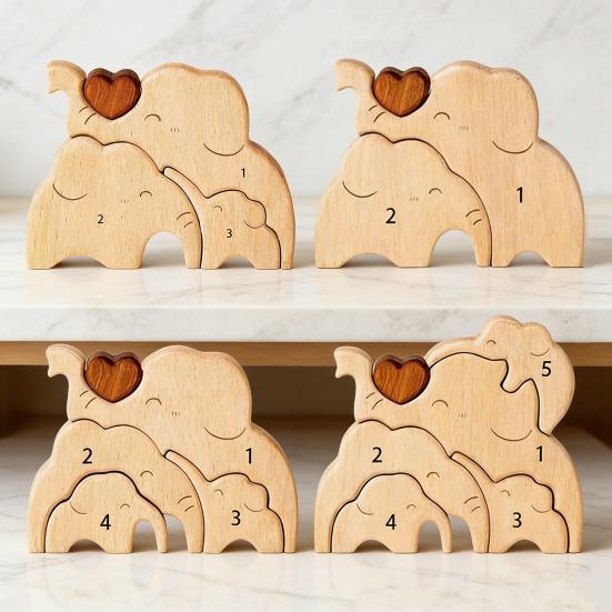 Holz Elefantenfamilie Puzzle Personalisiert 2/3/4/5 Familiennamen Elefanten Skulptur für Einweihungsdekor Weihnachten Muttertag Vatertag Geschenke