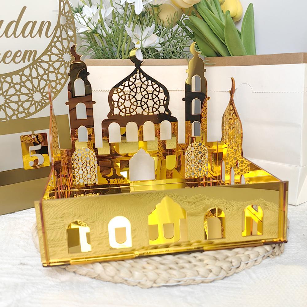 Ramadan Tray Eid Mubarak Serving Tray Hollow Palace Acrylic Mirror Tray Fruit Plate Tableware Dessert Platters DIY Display Holder Ramadan Decor