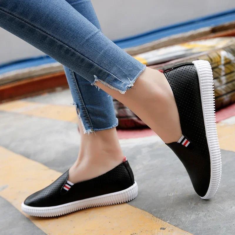 White Flats Cut-Out Woman Loafers Leather Slip On Shoes Low Heels Casual Shoes Espadrilles Ladies Shoes Women Sneakers