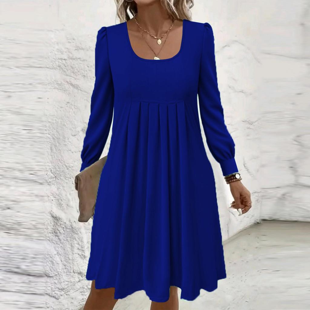 Women's Loose Square Neck Casual Long Sleeve Solid Color Pleated Dress