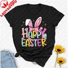 Happy Easter Cartoon Tshirt Bunny Ears Bow With Egg Floral Star Graphic Playful Typography Cute Festive Regular Short Sleeve
