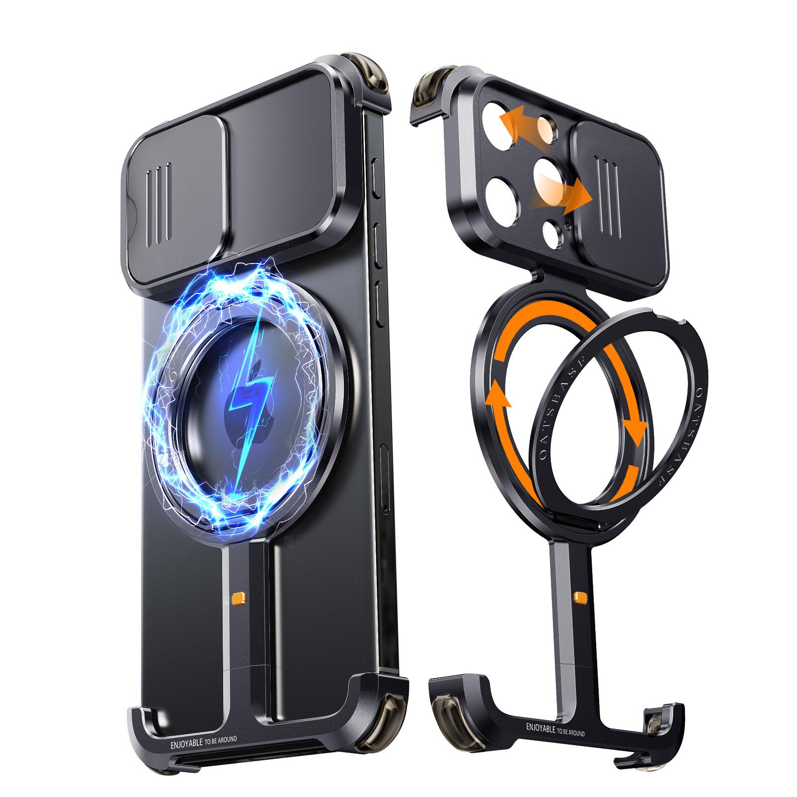 

Eary Frameless for iPhone 16 15 Pro Max Phone Case with Magsafe Wireless Charging 360° Rotation Magnetic Stand Shockproof Cover For iPhone 15 Pro чёрный