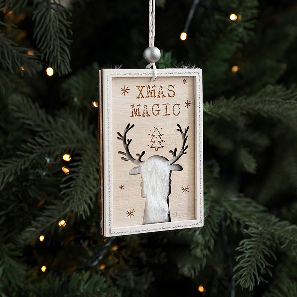 Wooden Wooden Sign Pendant Hollow Plush Square Printed Christmas Tree Decoration Ornaments Scene Layout