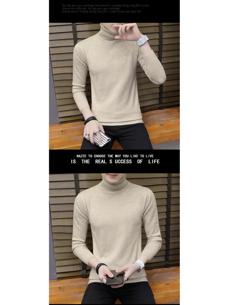 Men's Solid Color High Neck Thickened Knit Sweater - Cozy Autumn/Winter Base Layer