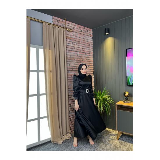 Women's Satin Hijab Evening Dress with Stone Buckle Waist and Flared Skirt