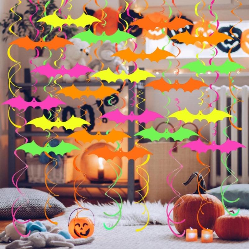 Fluorescent Halloween Bat Spirals Ornament Easy Hanging Party Supplies Recyclable Paper Materials Swirls Accessories
