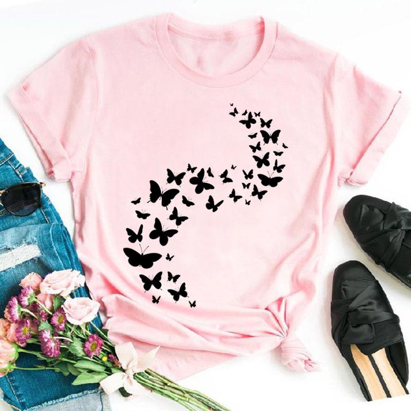 Fashionable Plus Size Color Butterfly Print Simple Base Shirt Loose Fitting Clothes Pure Cotton T-Shirts Women’s