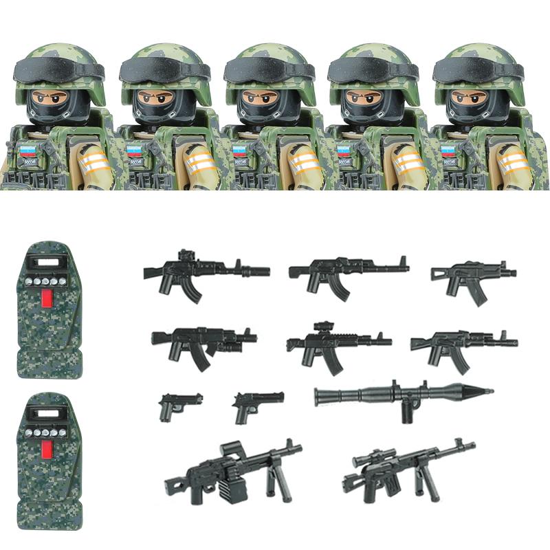 Non-Toxic City Police Russia Commando Fsb Special Forces Figures Building Blocks Green Camouflage Shield Army Soldier Military Weapon Toys