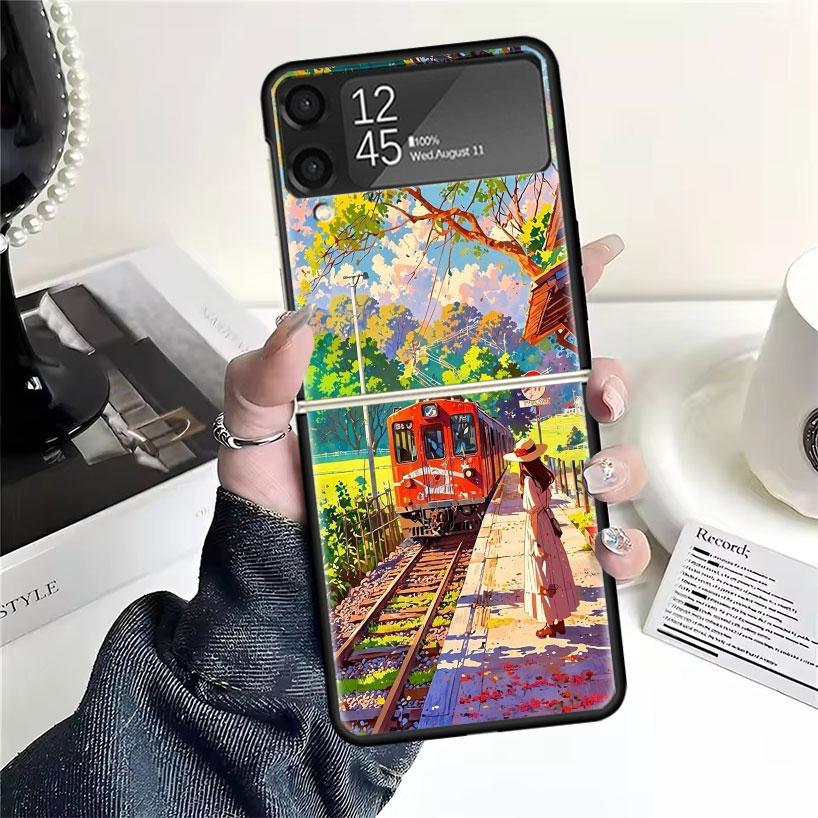 Retro Japanese Sakura Train Cases For Samsung Galaxy Z Flip 4 5 6 7 3 Z Flip7 Flip6 Flip4 Flip5 Flip3 5G Hard Shockproof Fundas