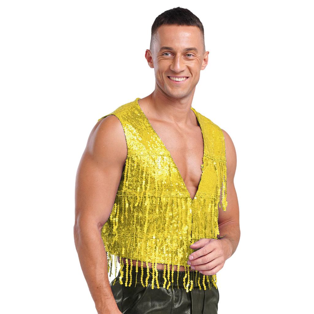 Mens Glitter Sequin Vest Sleeveless Tassel Waistcoat V Neck Open Front Dance Club Festival Partywear