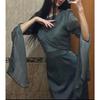 Fashion Satin Solid Robe Dress Ladies Temperament O-neck Slim Evening Dress Elegant Batwing Sleeves High Waist Pleats Long Dress
