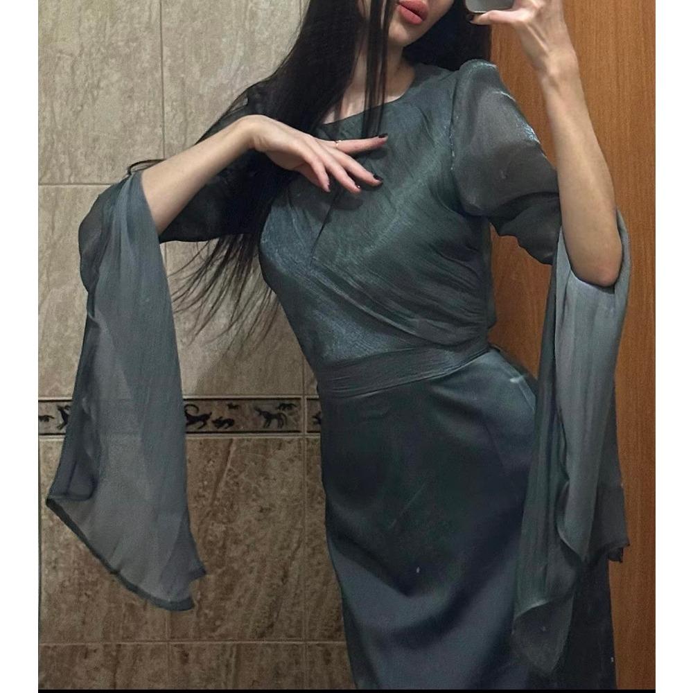 Fashion Satin Solid Robe Dress Ladies Temperament O-neck Slim Evening Dress Elegant Batwing Sleeves High Waist Pleats Long Dress