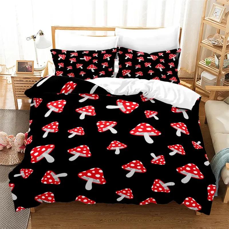 Pilz Bettbezug Bunt Niedlich Cartoon Bettwäsche Set Einzelbett Doppelbett King für Teenager Jungen Mädchen Kinder Kawaii Botanische Pflanze Steppdeckenbezug