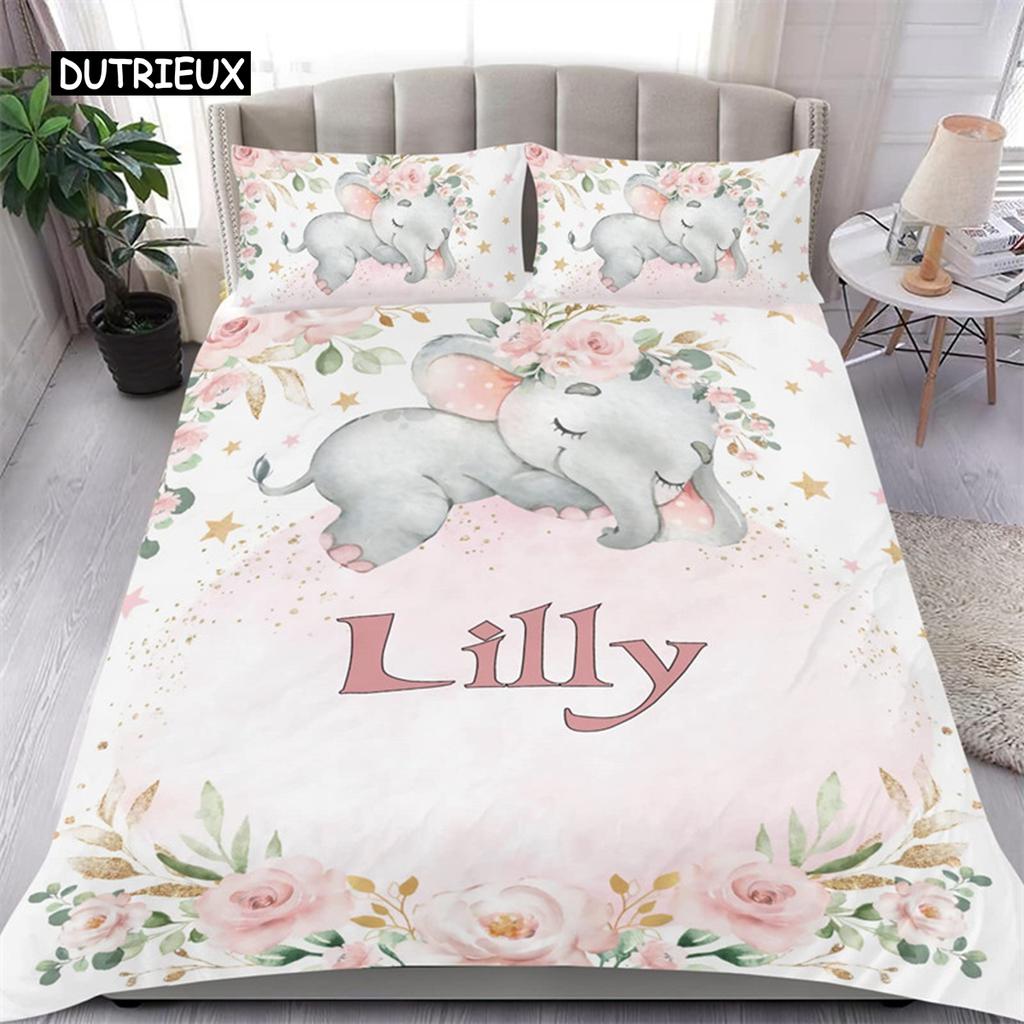 Cute Elephant Duvet Cover Set 2/3 Piece Cartoon Animal Bedding Set 3D Floral Comforter Cover Twin Full King For Boys Girls Gift