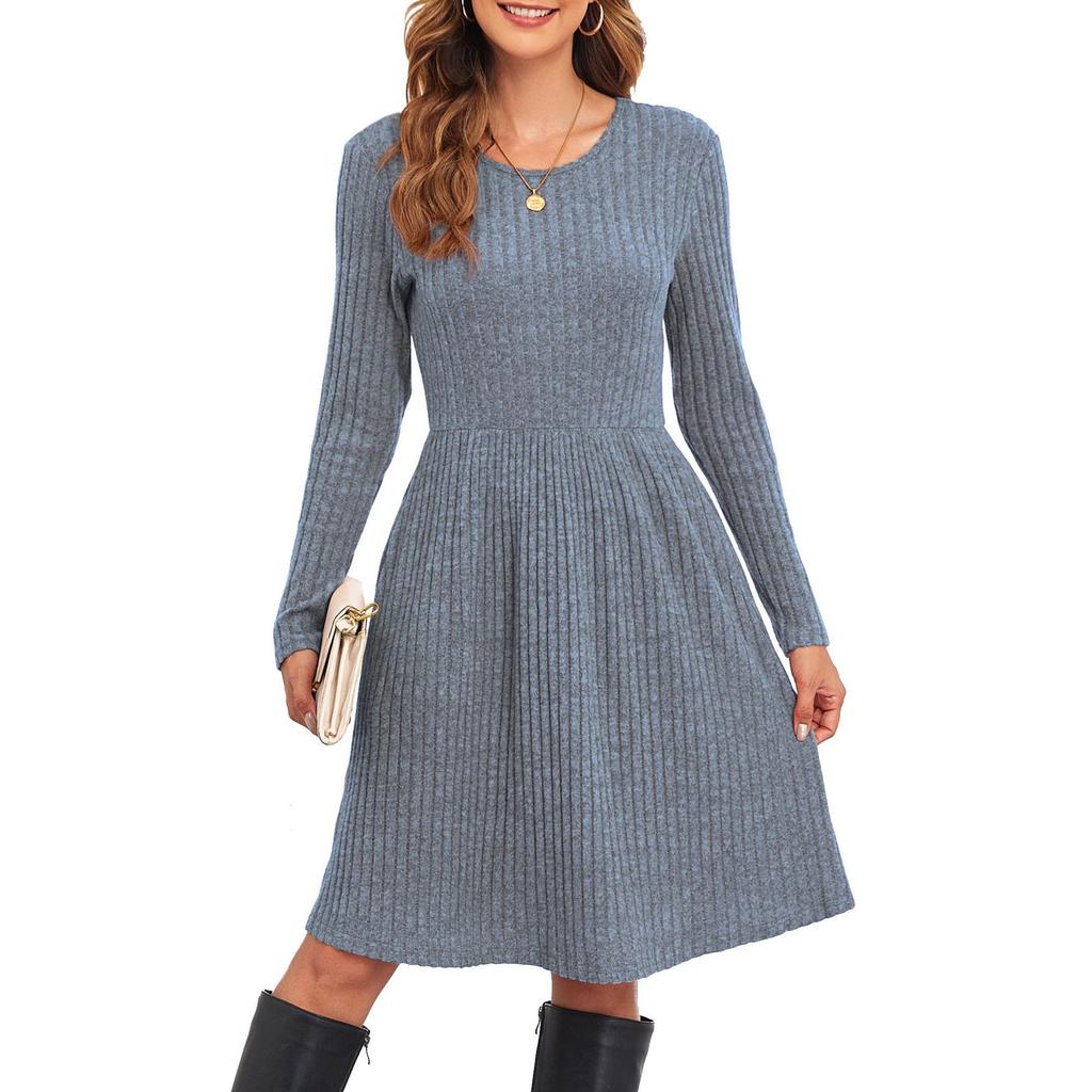 women's vertical ribbed cotton blend crew neck long sleeve midi a line knit sweater dress fall casual swing gown