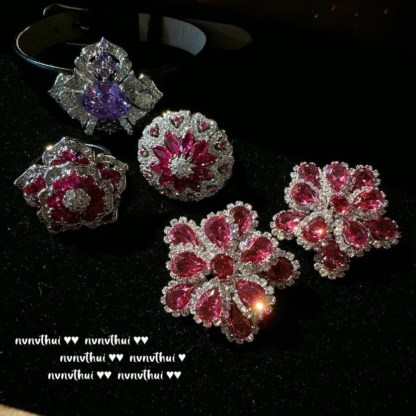 Papalacha Flower Gemstone Earrings, Margaret, Plated With 18K Gold, Rouge Pink Rose Zircon Ring.