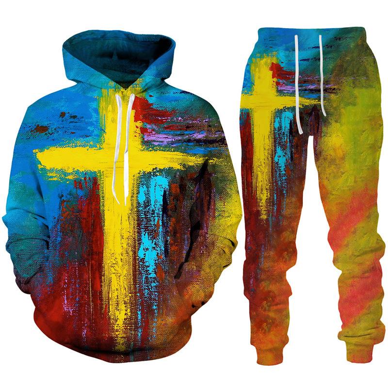 Spring Autumn Fashion Casual Men's Hoodies Set 3D Animal Lion Cross Printing Sweatshirts Sweatpants 2 Piece Set Men Clothing Suit
