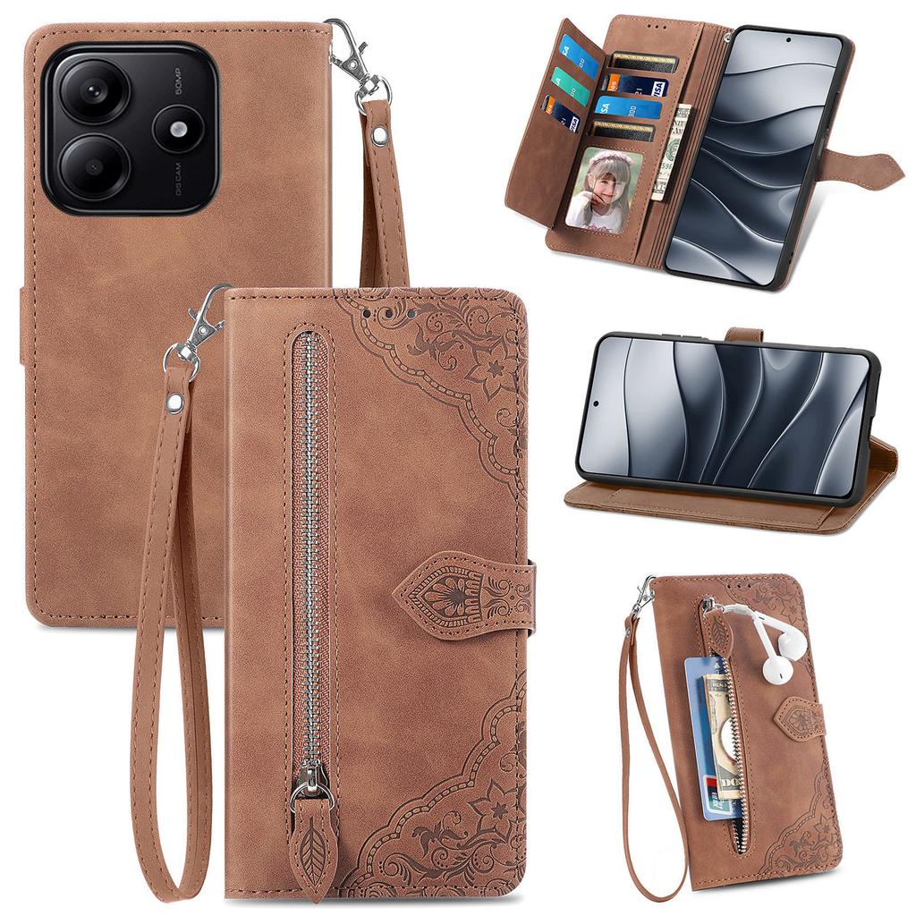 For Xiaomi Redmi Note 14 5G Zipper Wallet Case with Strap Flower Imprint PU Leather Phone Cover