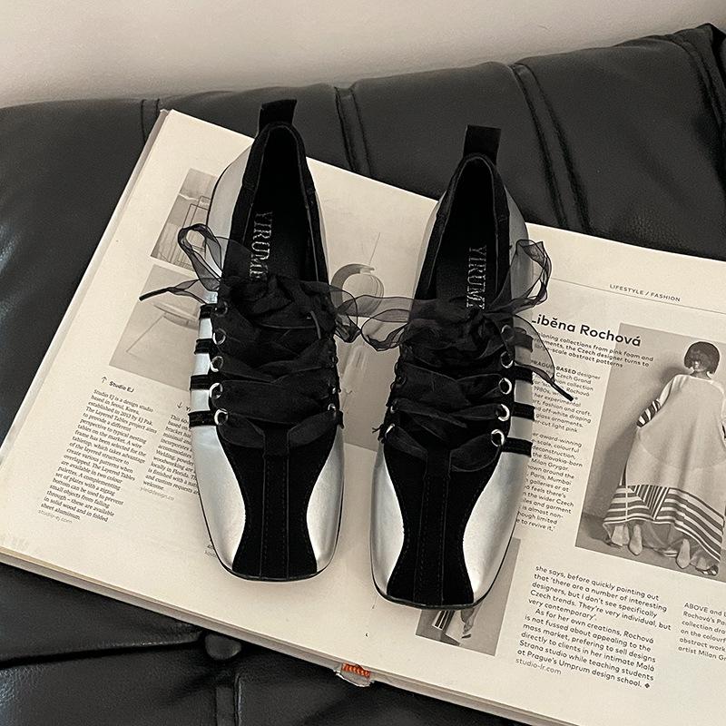 Retro lace-up Dexun single shoes color matching ballet shoes women's summer French fashion fairy style casual Mary Jane shoes