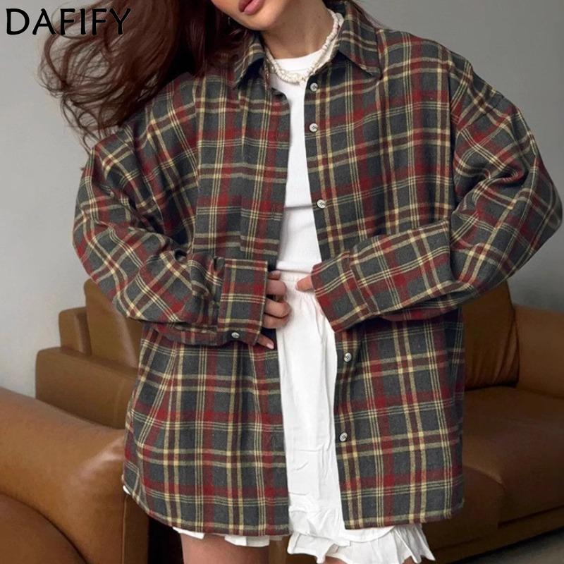 DAFIFY Women's Fashion Casual Spring Autumn Plaid Print Long Sleeve POLO Neck Blouses & Shirts