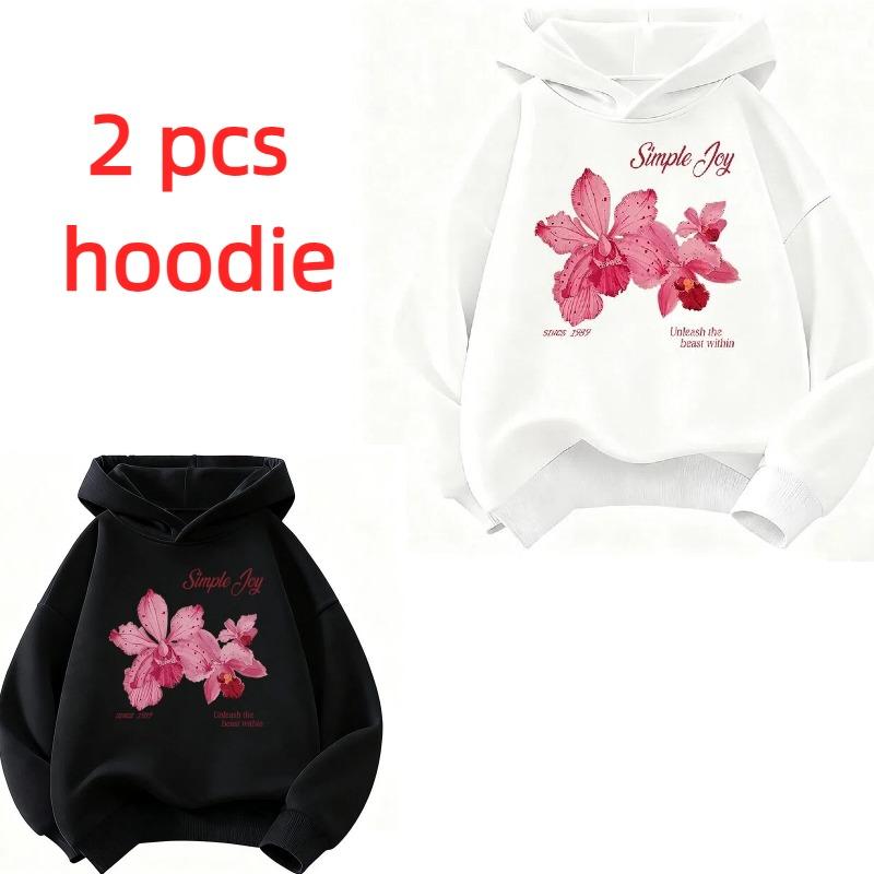 Felpa con Cappuccio Rosa Orchidea alla Moda per Bambini Felpa con Grafica Floreale con Slogan “Simple Joy” per Bambini e Bambine