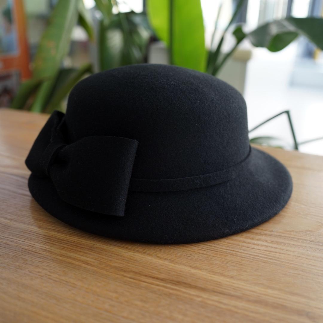 

French Retro Hepburn Black Bow Woolen Top Hat Felt Hat Japanese Autumn And Winter Women S Elegant Small Basin Hat M（56-58cm）