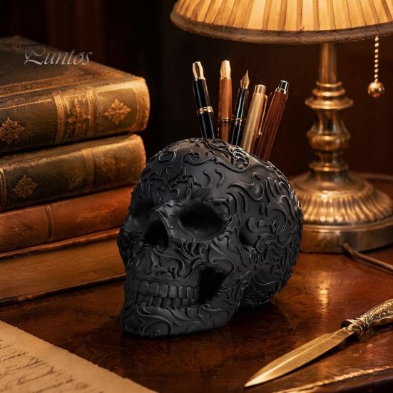 Halloween Room Decor Skull Makeup Brush Holder, Matte Black Gothic Skeleton Pen Organizer Spooky Home Decorations for Desk, Resin Storage Figurine