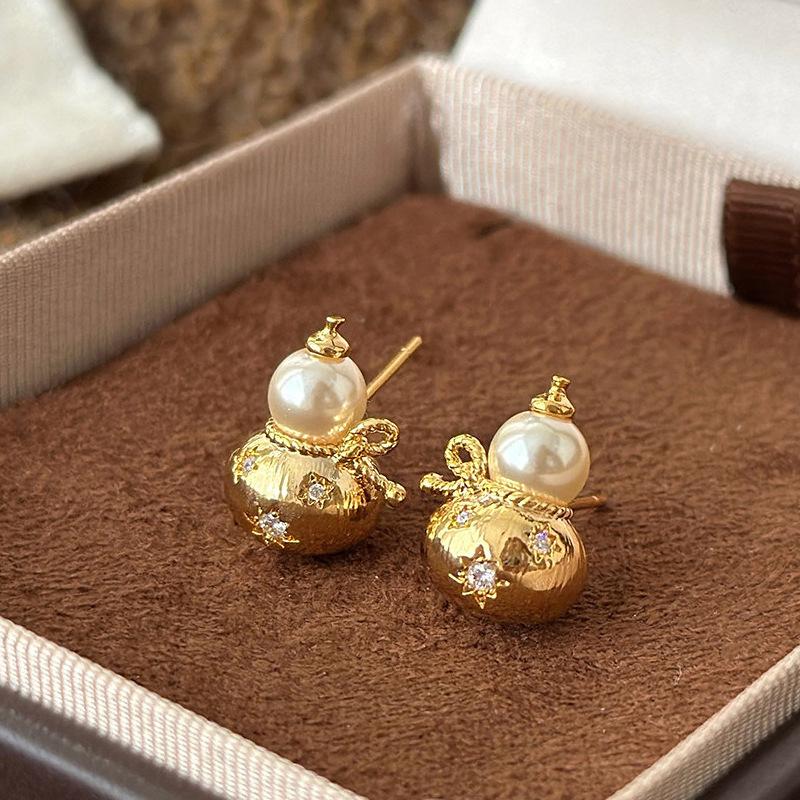 Fashion Brushed Zircon Metal Gourd Earrings for Women Girls Elegant Imitation Pearl Stud Earrings Wedding Jewelry Accessories