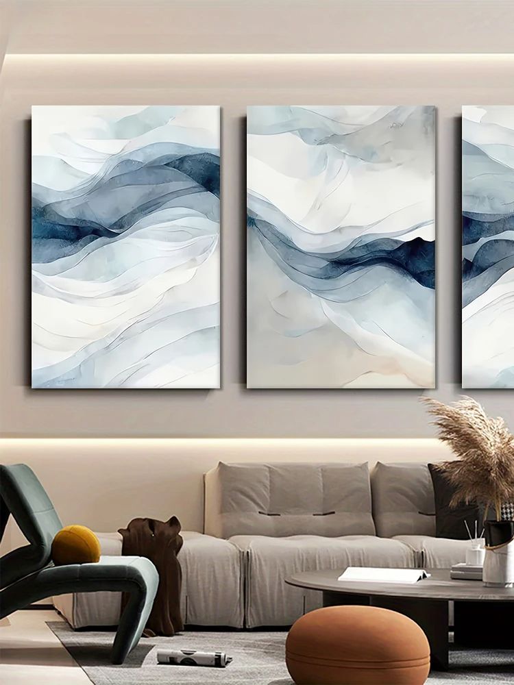 

3PC, Modern minimalist abstract canvas decorative painting with blue and white gradient wave texture, living room entrance backg (as the picture,20x30cm No Frame)