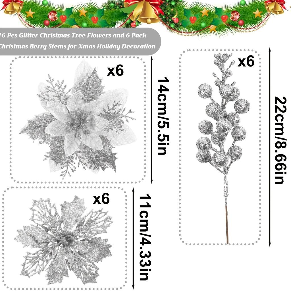 9/18Pcs Glitter Artificial Flowers Berry Bouquet Christmas Decoration Xmas Tree Pendant Ornaments for Home Decor New Year Gifts
