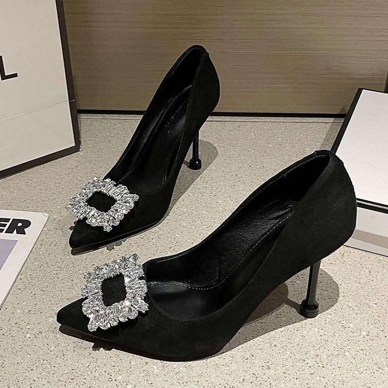 Europe and the United States are not tired of feet, rhinestone square buckle 2025 pointed head fashion versatile stiletto high heels temperament