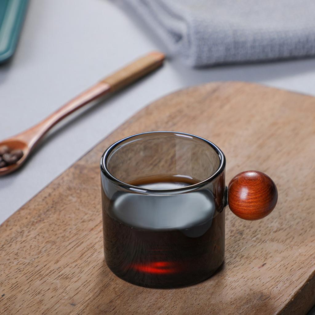 Bunte Glas-Kaffeetassen mit Holzkugelgriff Wiederverwendbares Trinkteeglas für Tee Kaffee Latte