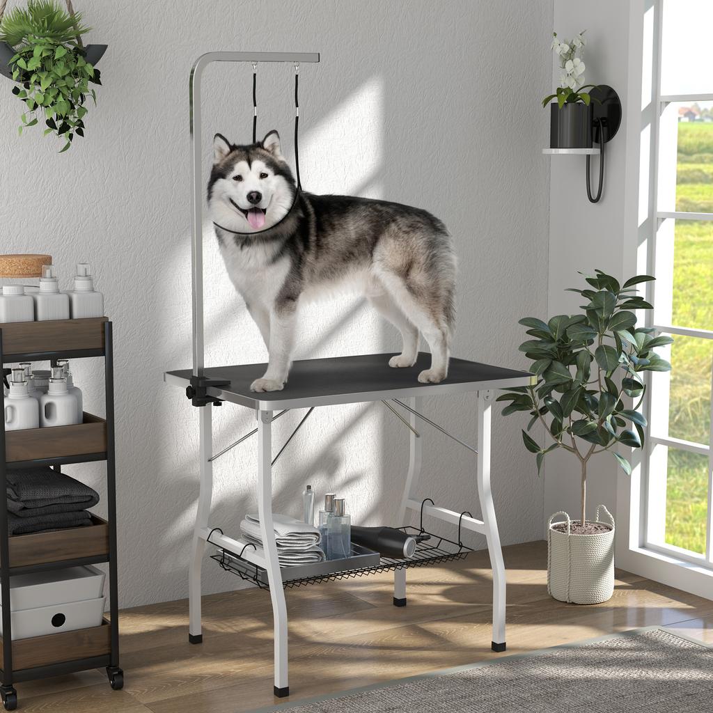 Dog Grooming Table, Grooming Table with Adjustable Arm, Storage Compartment, Rubber Surface, 90 x 60 x 76 cm, Black