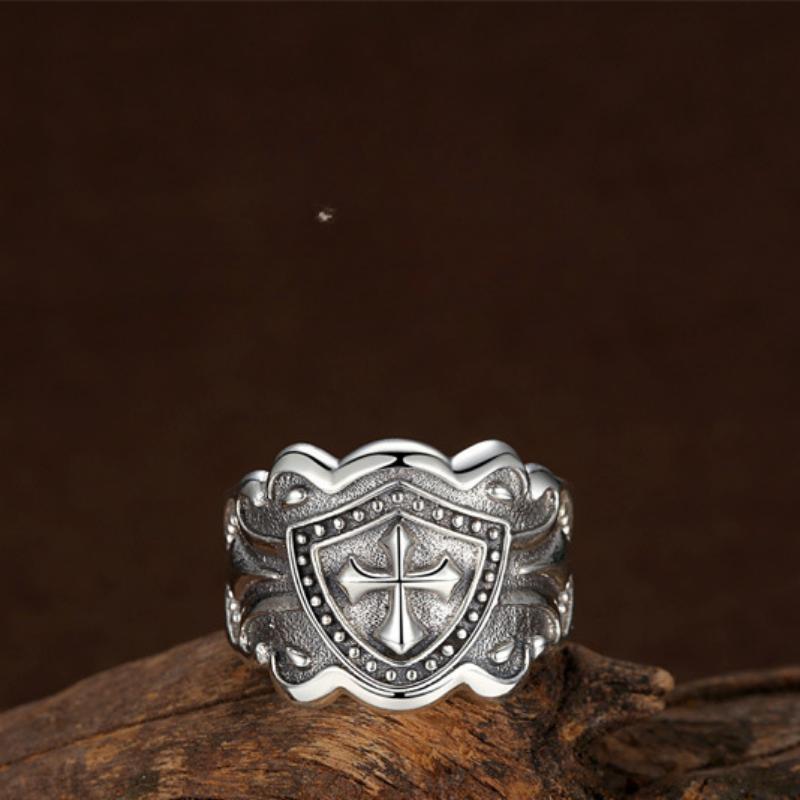 Vintage Cross Knight Shield Adjustable Women Ring Fashion Jewelry Creative Opening Design resizable&Antique Silver