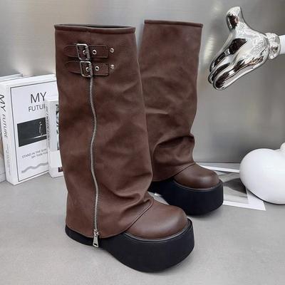 Klobiger Absatz Plateau Westernstiefel Mode Hohe Ritterstiefel Damen Gürtelschnalle Seitenreißverschluss Motorradstiefel Freizeit Damenschuhe