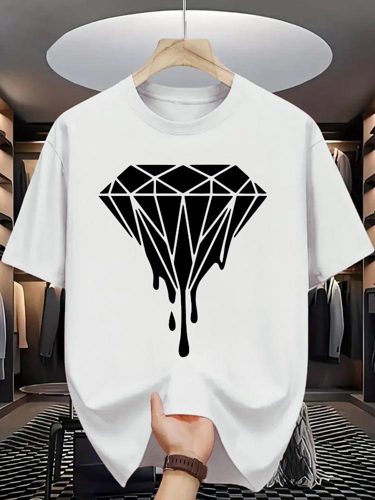Men O Neck Tee Melting Dripping Diamond Art Print Cotton Short Sleeve Loose Summer Street Daily