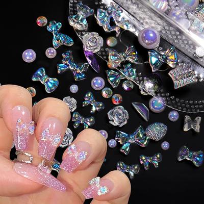 100 Stück gemischte Harz-Nagel-Kunst-Anhänger, Kawaii-bunte Blumen-Bowknot-Strass-Schmuckstücke, DIY-Nagel-Dekoration
