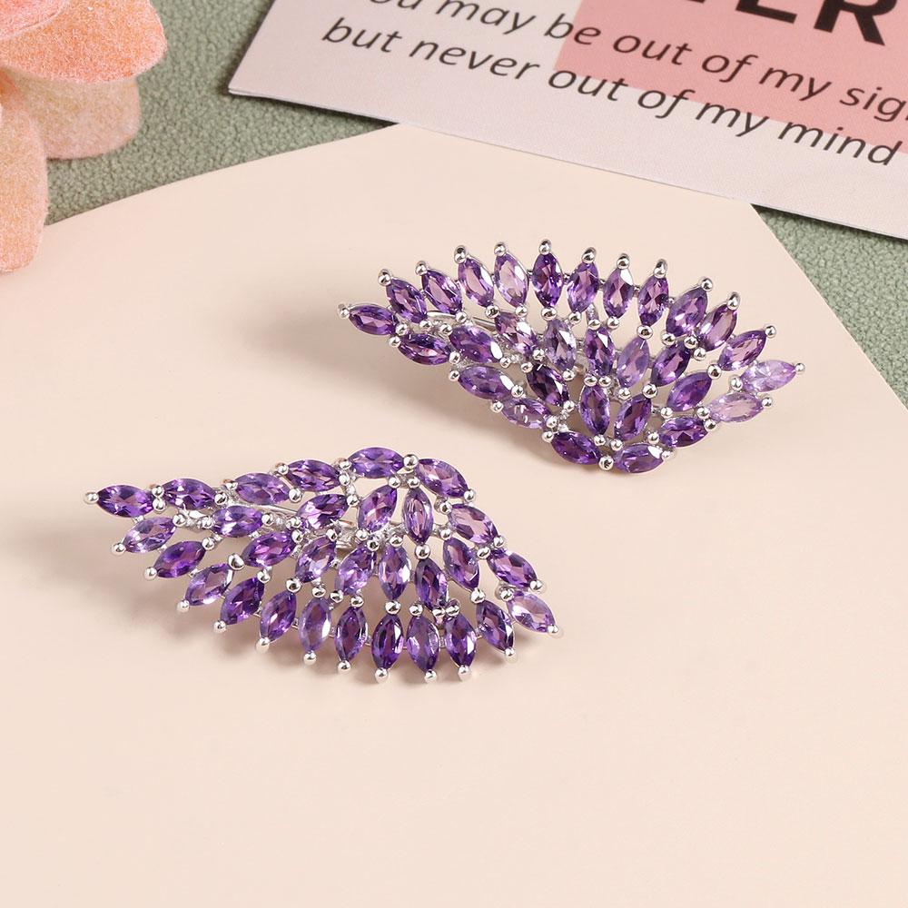 Boucle d'oreille à fermoir fin en argent sterling 925, pierres précieuses d'améthyste naturelles, design d'aile pour filles et femmes à la mode, joli cadeau