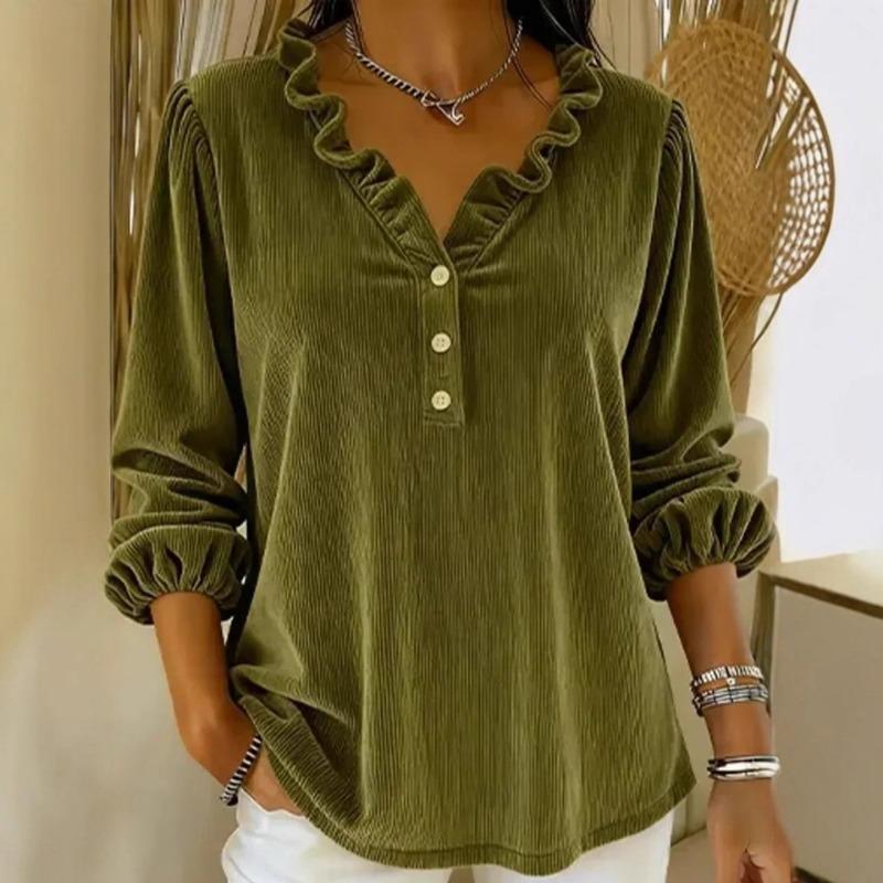 Womens Corduroy Ruffle V Neck Long Sleeve Casual Blouse
