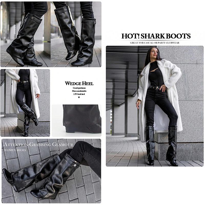 Fashion Metal Decor Wedge Heel Knee High Boots Women Autumn Winter 2025 Fashion Shark Boots Woman Wide Calf PU Leather Long Botas Mujer