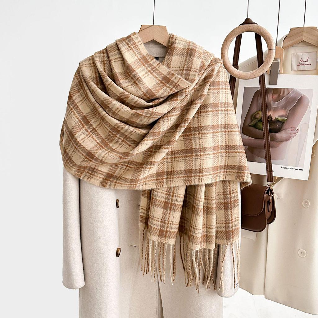 Women's Winter Plaid Imitation Cashmere Tassel Scarf, Thickened Korean Style Neck Warmer