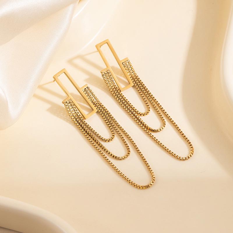 Elegant Geometric Titanium Steel Three-Layer Bead Line Stud Earrings for Women