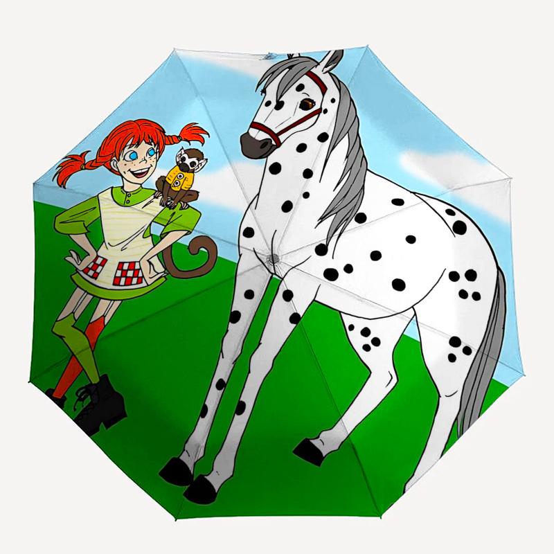 Ombrello da Viaggio a Tema Pippi Calzelunghe - 8 Stecche, Apertura e Chiusura Automatiche, Design Pieghevole Portatile, Ombrello Compatto ed Elegante Adatto