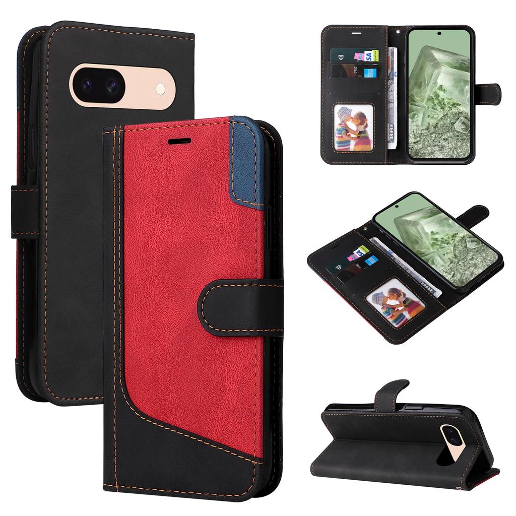 For Google Pixel 8a Case Three-color Splicing Leather Wallet Stand Cover with Strap